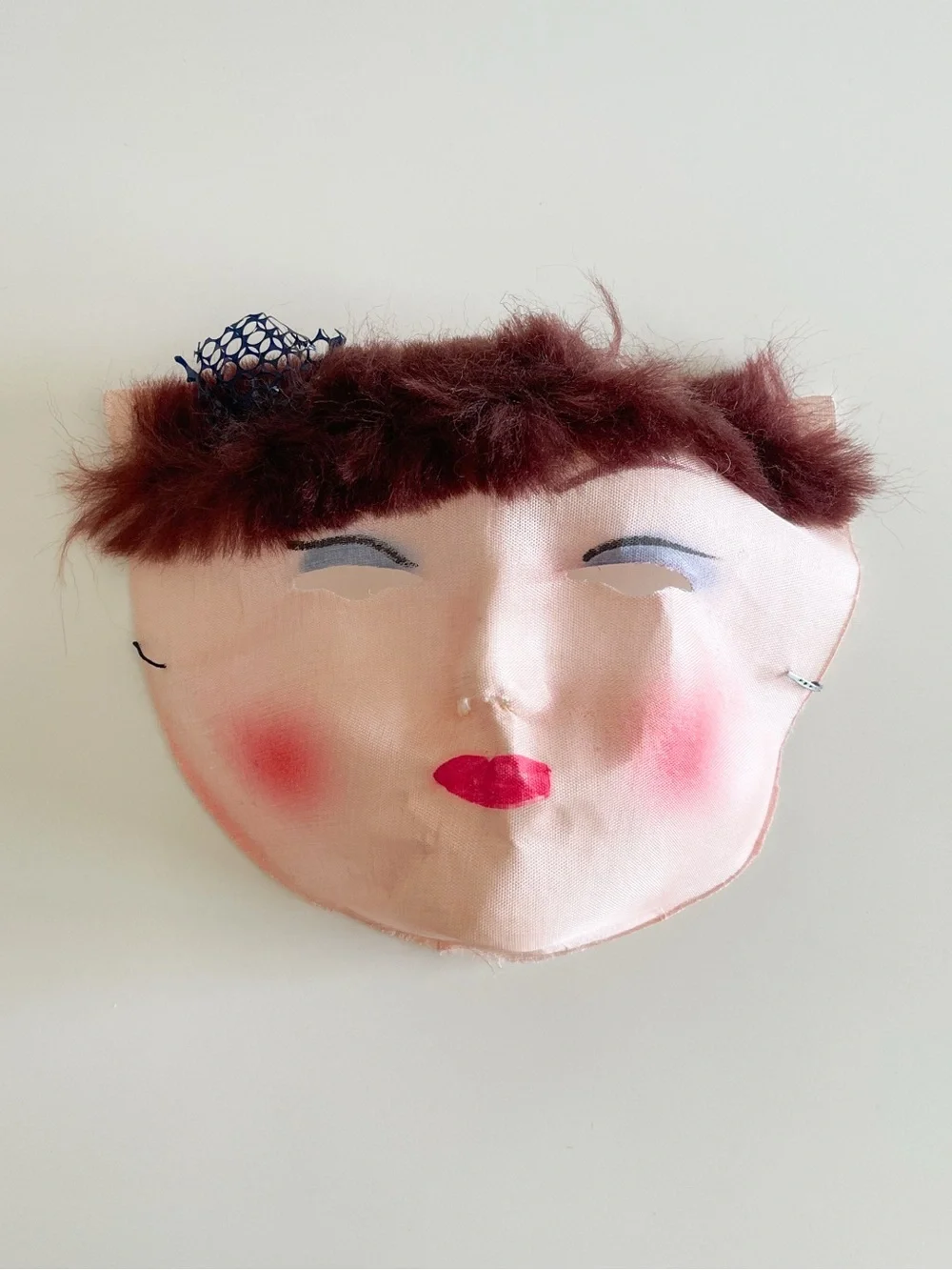 1940/50 Vintage starched gauze hand painted woman brown hair Halloween mask